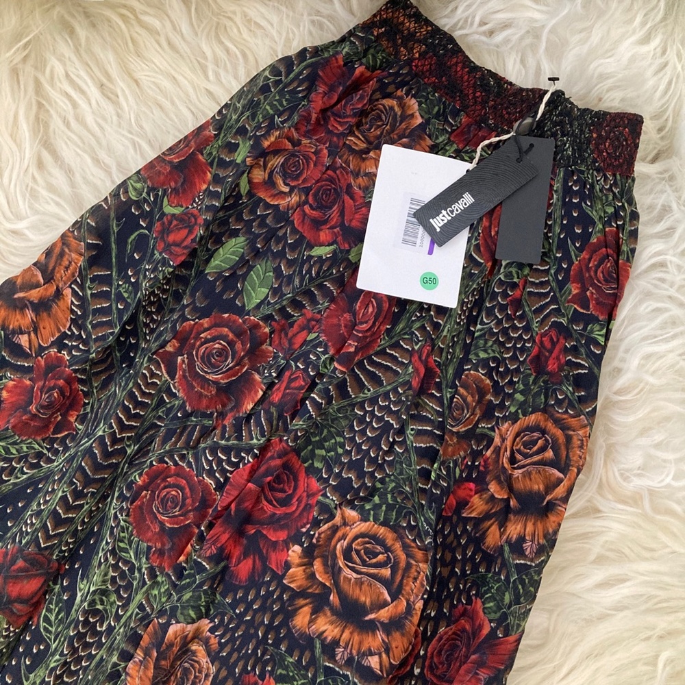Just Cavalli Black Midi Dress with Red & Brown Rose Print NWT - Picture 6 of 8